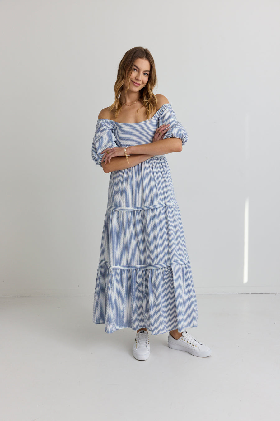 IVY + JACK SPARROW BLUE STRIPE PUFF SLEEVE TIERED MAXI DRESS - WILDROSE