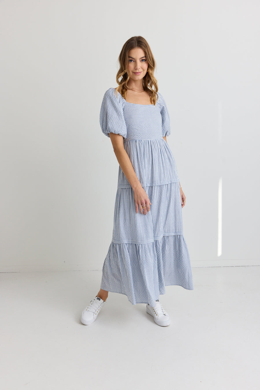 IVY + JACK SPARROW BLUE STRIPE PUFF SLEEVE TIERED MAXI DRESS - WILDROSE