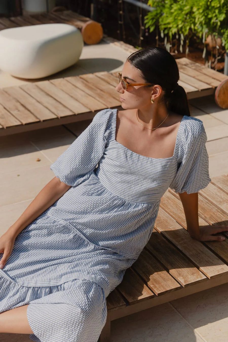 IVY + JACK SPARROW BLUE STRIPE PUFF SLEEVE TIERED MAXI DRESS - WILDROSE