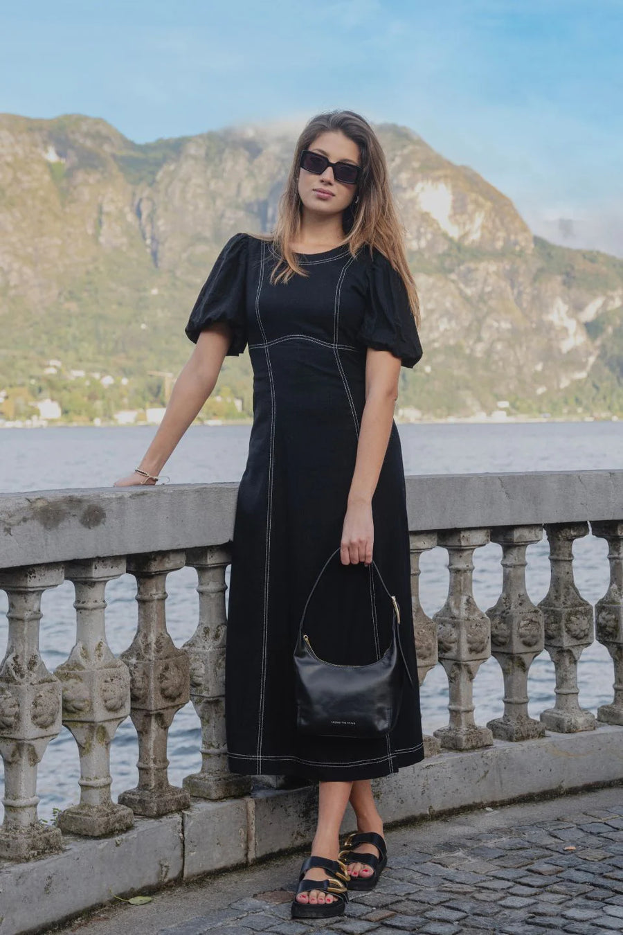 STORIES BE TOLD STATE BLACK LINEN BLEND SS MIDI DRESS