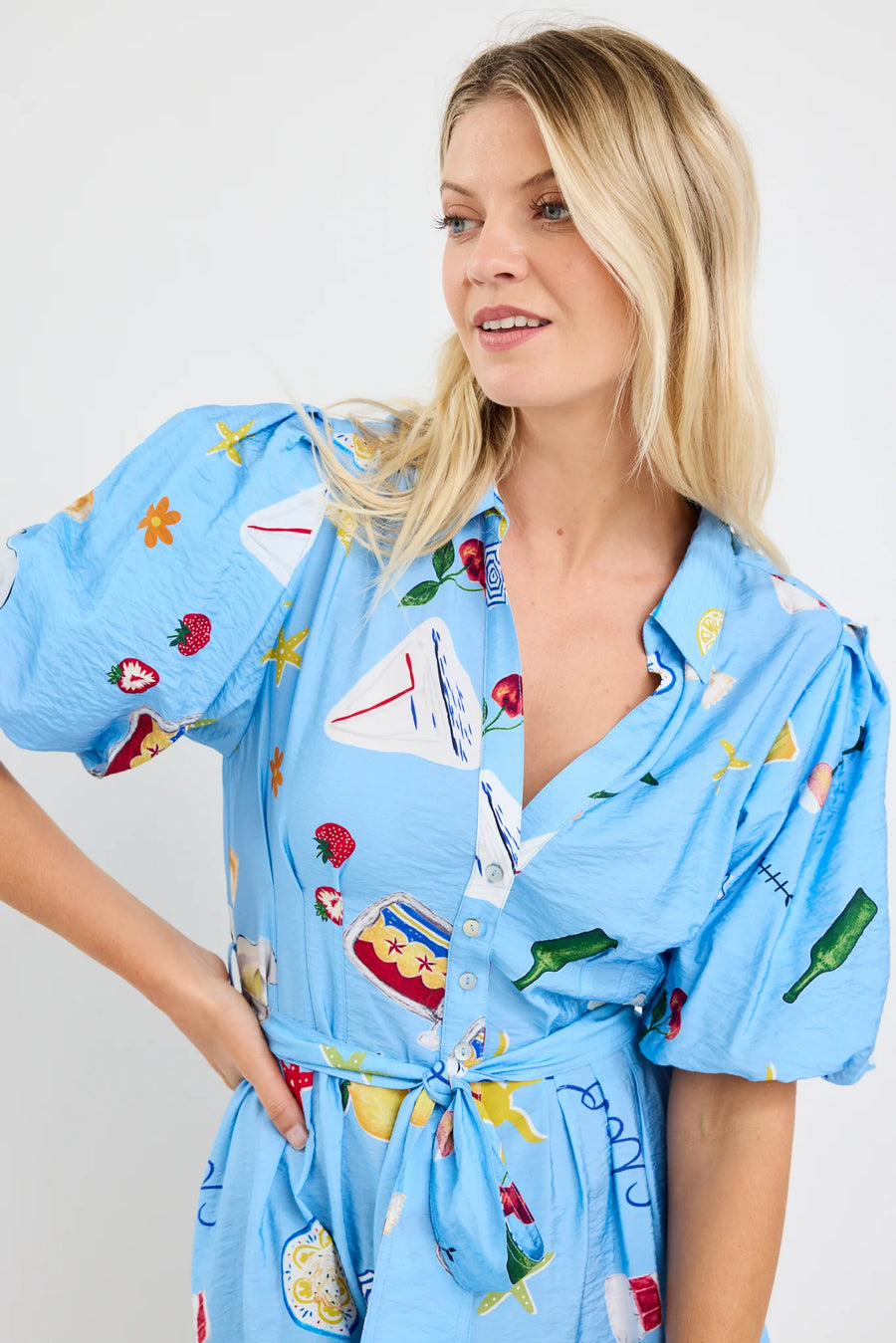 AMONG THE BRAVE SUNDOWN BLUE HOLIDAY PUFF SLEEVE MINI SHIRT DRESS - WILDROSE
