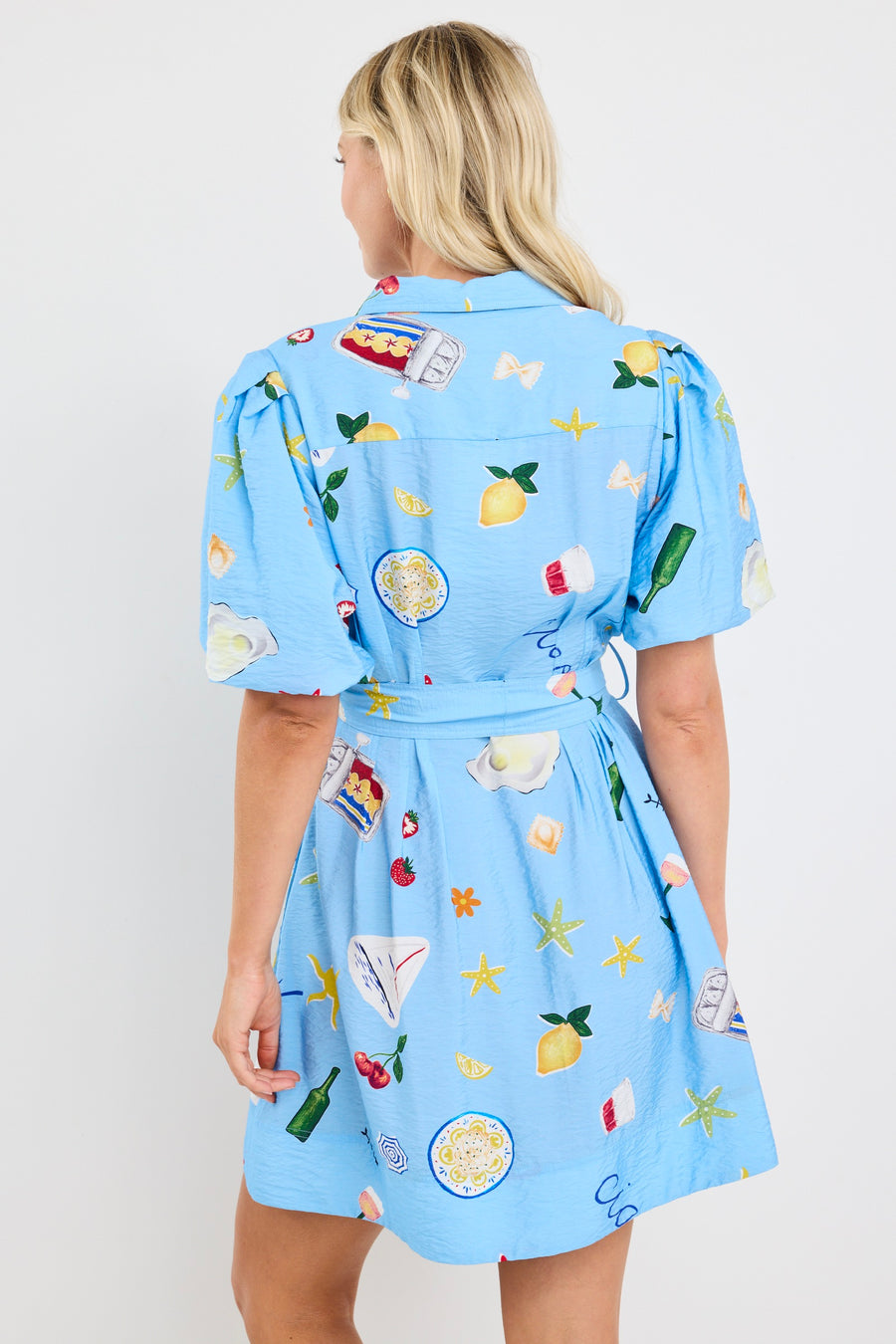 AMONG THE BRAVE SUNDOWN BLUE HOLIDAY PUFF SLEEVE MINI SHIRT DRESS - WILDROSE