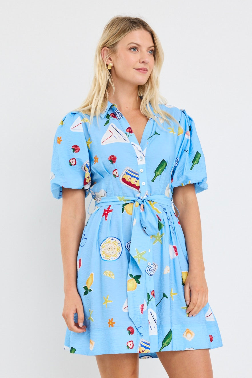 AMONG THE BRAVE SUNDOWN BLUE HOLIDAY PUFF SLEEVE MINI SHIRT DRESS - WILDROSE