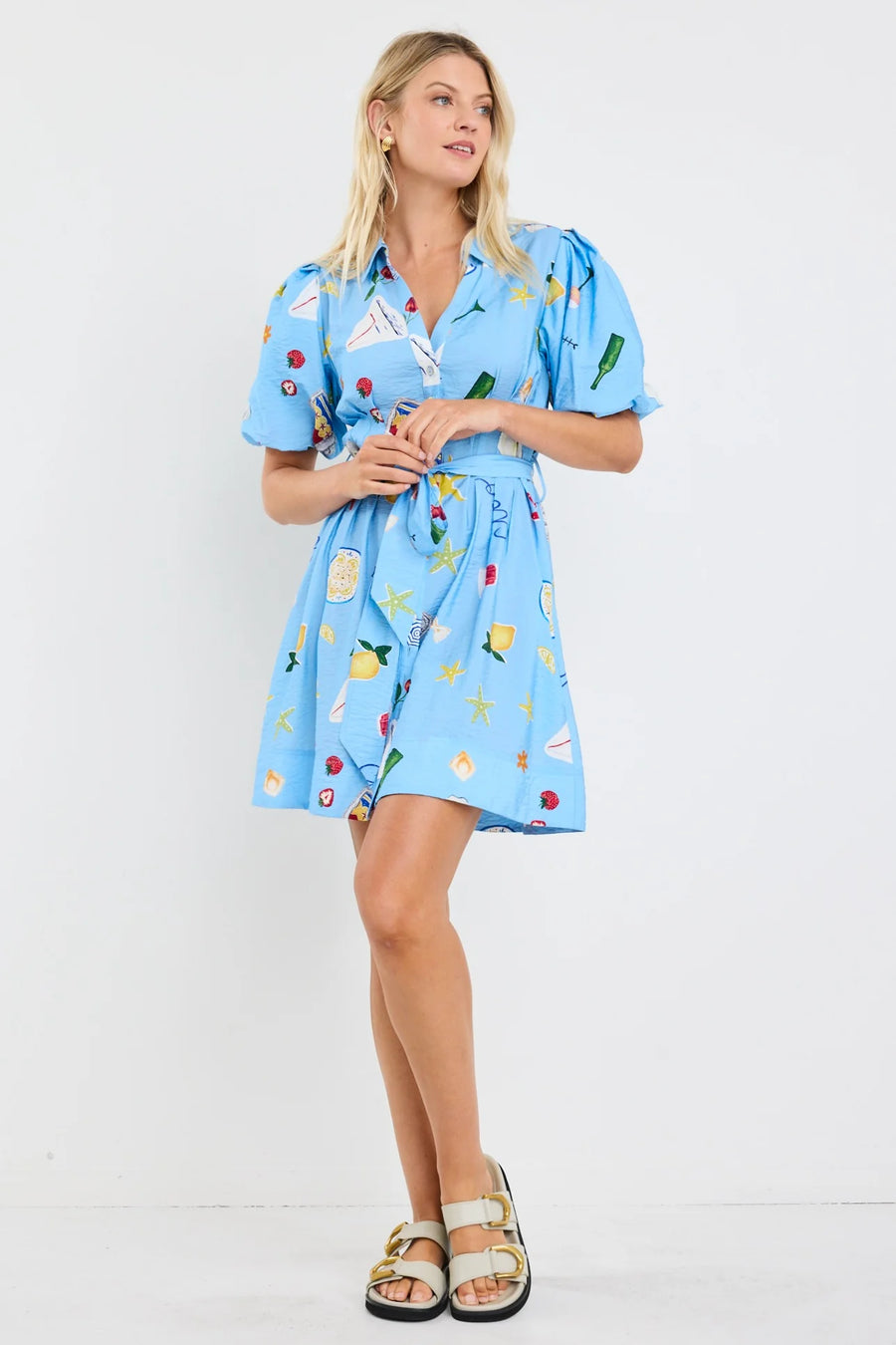 AMONG THE BRAVE SUNDOWN BLUE HOLIDAY PUFF SLEEVE MINI SHIRT DRESS - WILDROSE