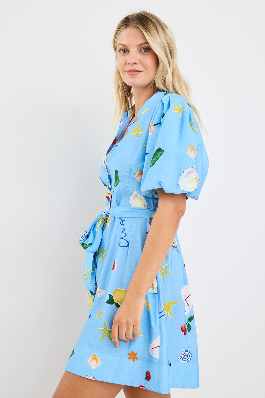 AMONG THE BRAVE SUNDOWN BLUE HOLIDAY PUFF SLEEVE MINI SHIRT DRESS - WILDROSE