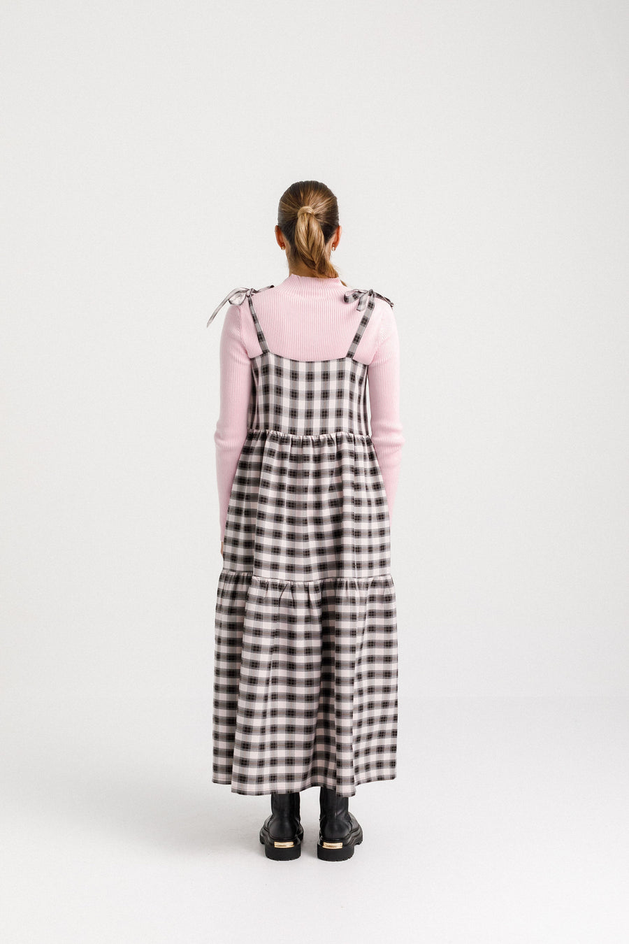 THING THING TIE UP ZIGGY DRESS - SOFT PINK CHECK - WILDROSE