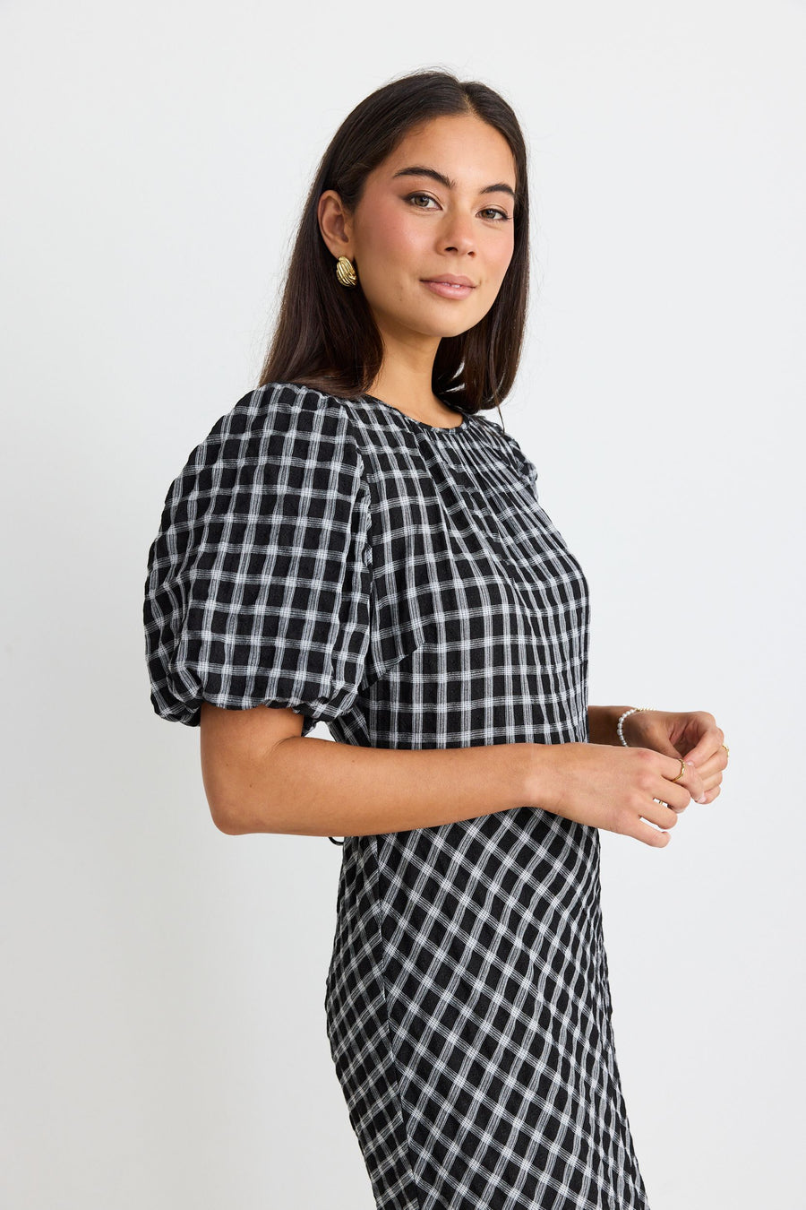 STORIES TO BE TOLD ASTRID BLACK CHECK PUFF SLEEVE BIAS MAXI DRESS - WILDROSE