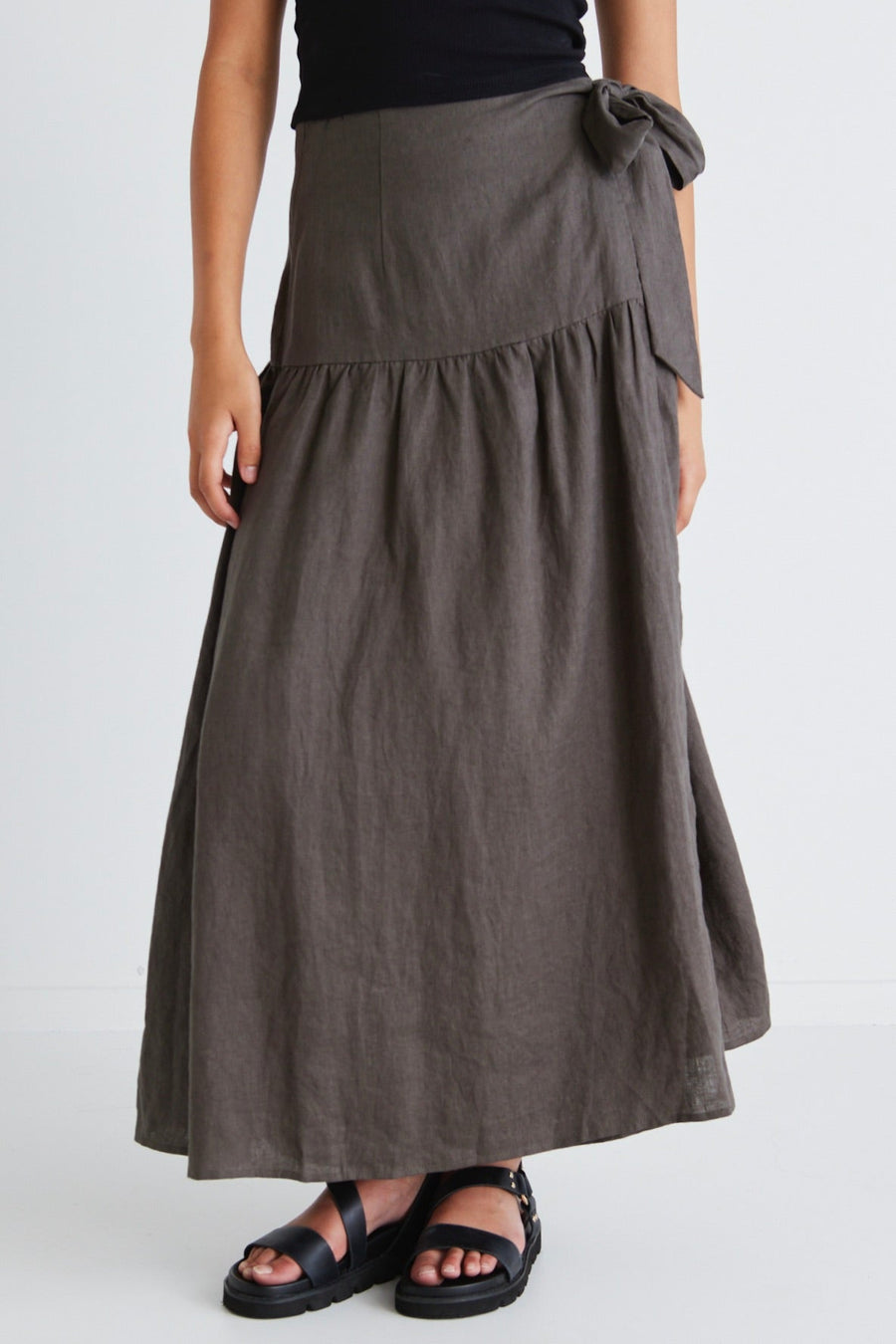 AMONG THE BRAVE IMPACT DARK OLIVE LINEN TIERED WRAP MAXI SKIRT - DARK OLIVE - WILDROSE