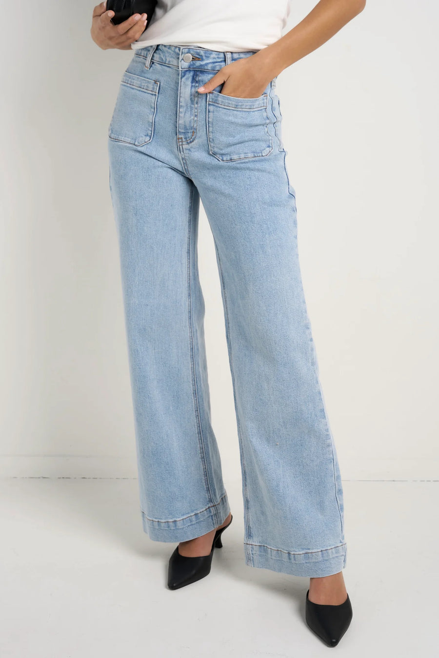 AMONG THE BRAVE ZOEY LIGHT BLUE HIGH RISE WIDE LEG POCKET JEAN - WILDROSE