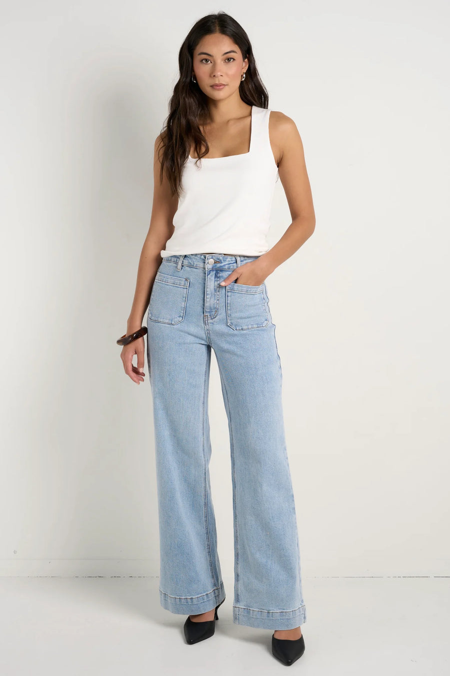 AMONG THE BRAVE ZOEY LIGHT BLUE HIGH RISE WIDE LEG POCKET JEAN - WILDROSE