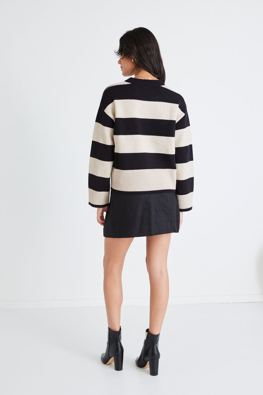 AMONG THE BRAVE GRAVITY BLACK & STONE STRIPE CREW NECK KNIT JUMPER - WILDROSE