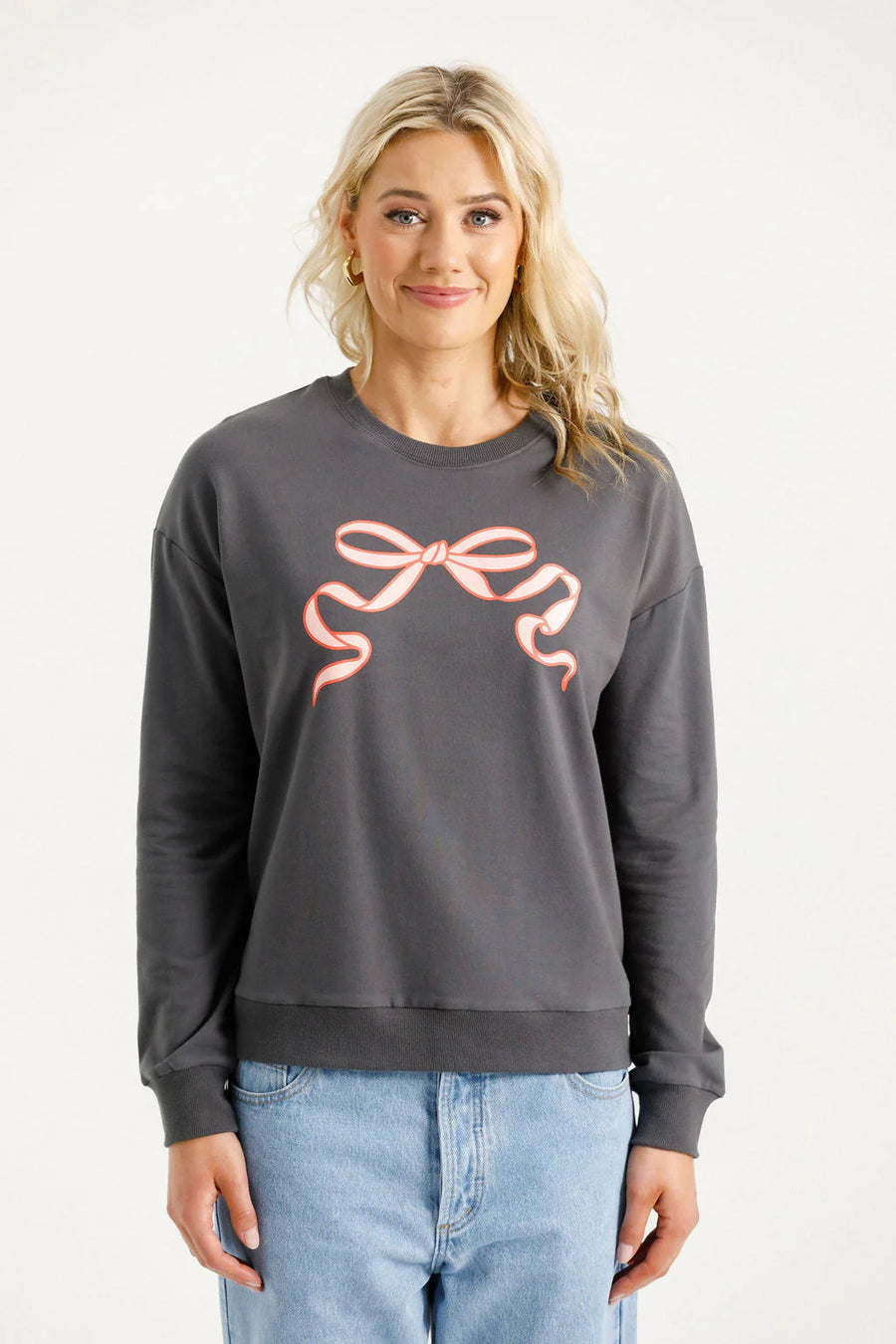 HOMELEE CAMILLA CREW - GRAPHITE WITH BLOSSOM BERRY BOW - WILDROSE