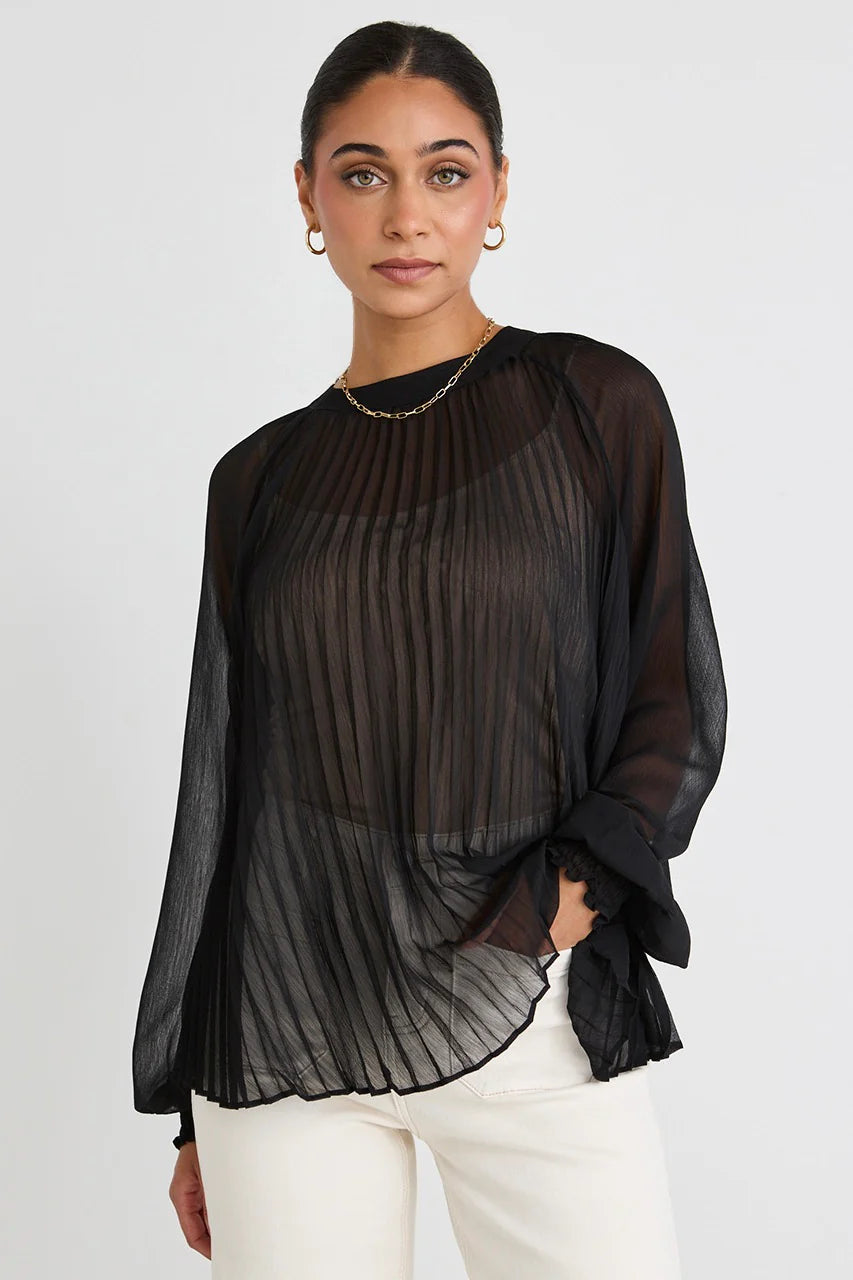 BY ROSA CORRAL BLACK SHEER PLEATED SWING TOP - WILDROSE