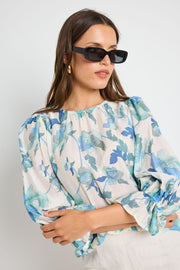 IVY + JACK CANDID BLUE CREAM FLORAL FRILL SLEEVE CREW NECK SS TOP - WILDROSE