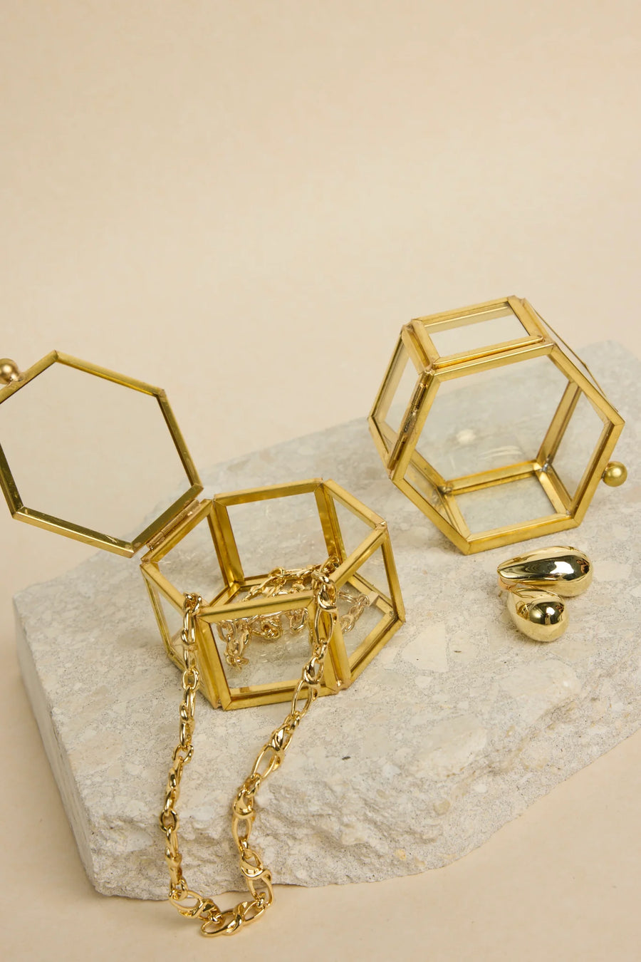 WILLOW & MAE GLASS WITH GOLD TRIM SMALL HEXAGONAL JEWELLERY BOXES - WILDROSE