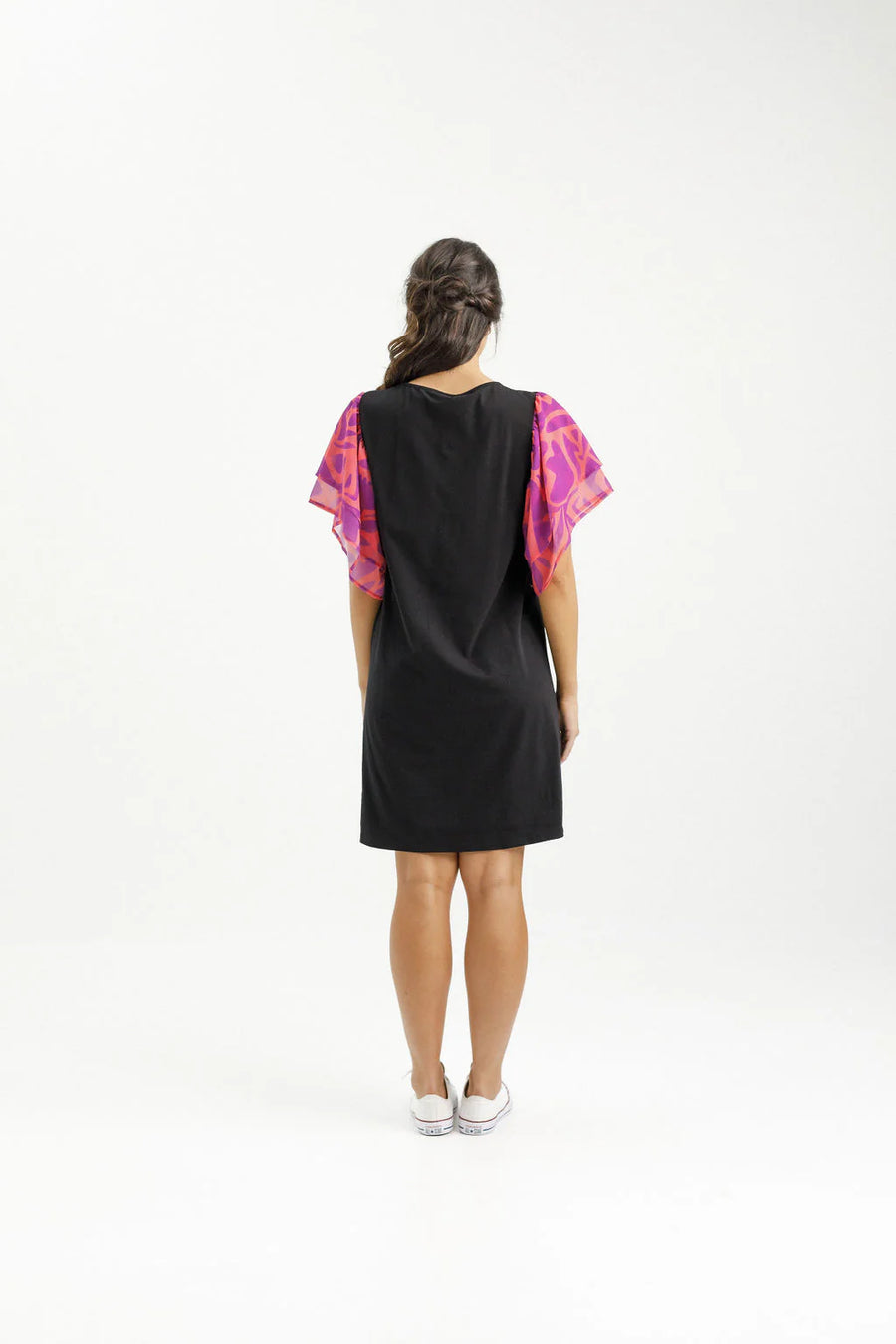 HOME-LEE LOLA DRESS - BLACK WITH SUNSET FLORAL SLEEVES - WILDROSE