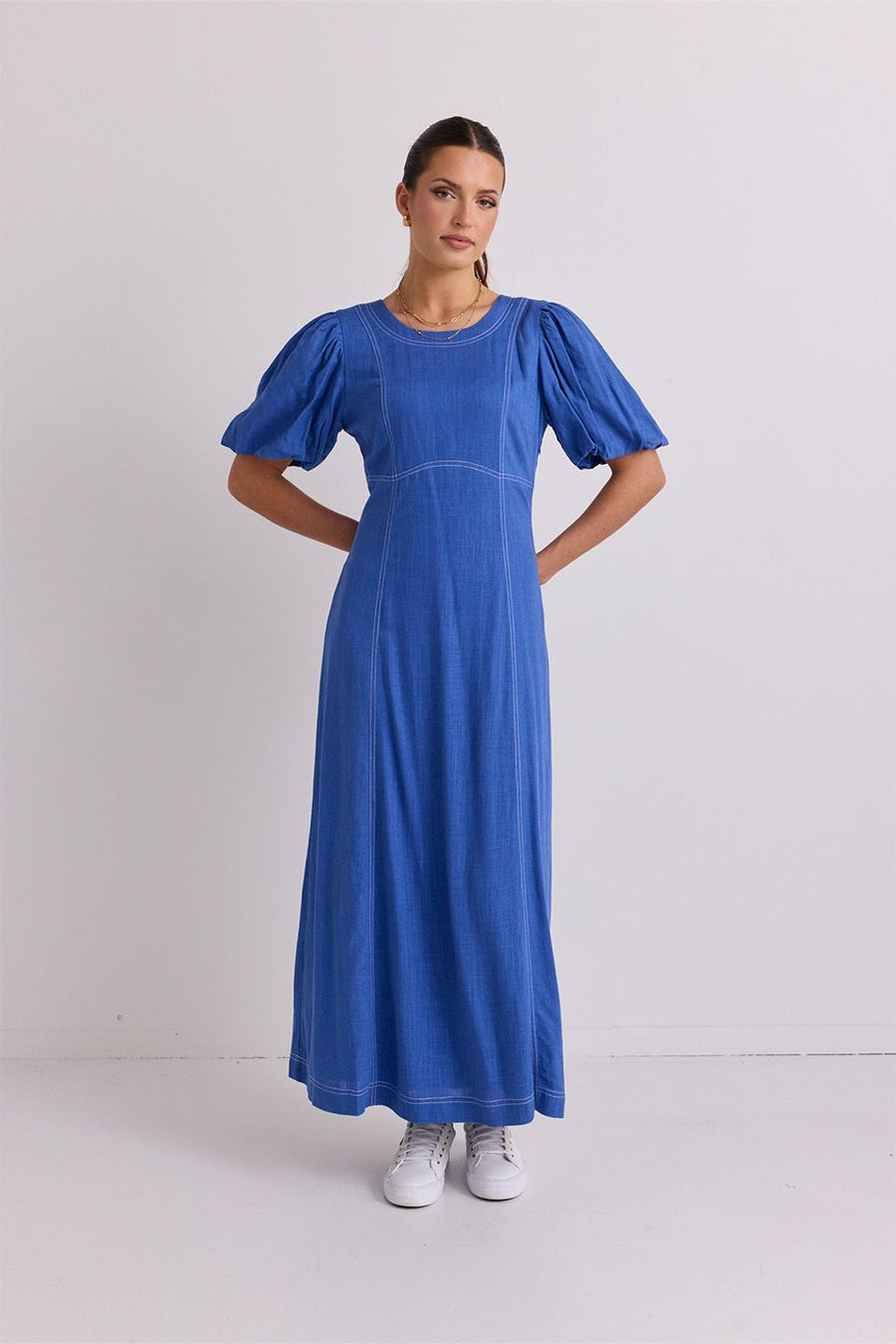 STORIES TO BE TOLD STATE LAKE BLUE LINEN BLEND SS MIDI DRESS - WILDROSE