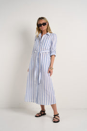 AMONG THE BRAVE CYPRUS BLUE STRIPE LS SHIRT MIDI DRESS - WILDROSE