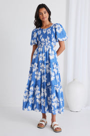 IVY + JACK MILANO BLUE HIBISCUS BUBBLE SLEEVE TIERED MAXI DRESS  - WILDROSE