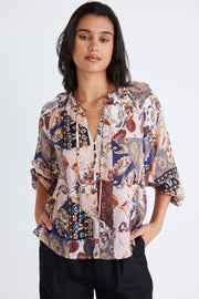 AMONG THE BRAVE ETERNAL PATCHWORK PAISLEY FRILL NECK V LS TOP - WILDROSE