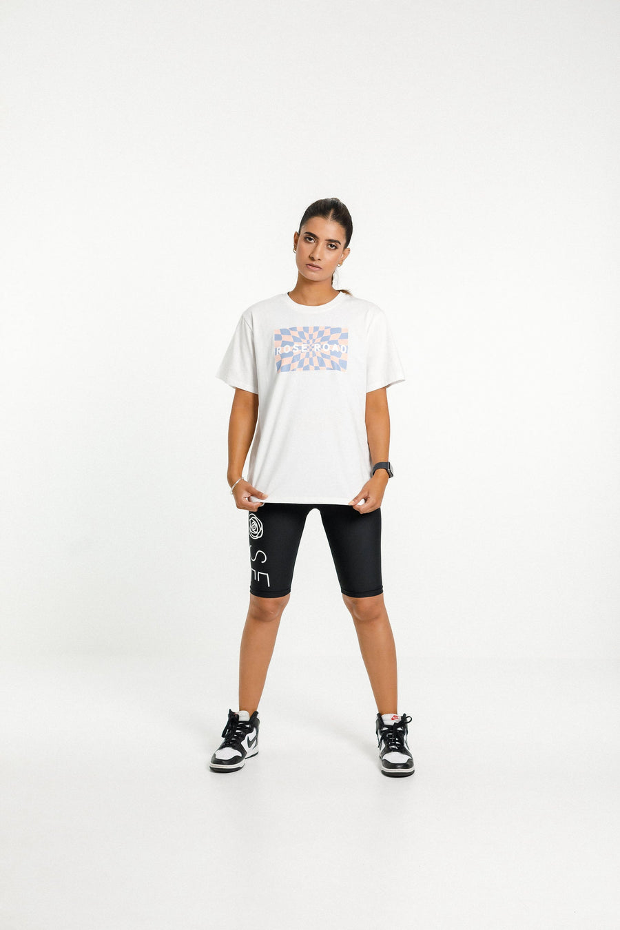 ROSE ROAD TOPHER TEE - WHITE TROPICAL CHECK - WILD ROSE