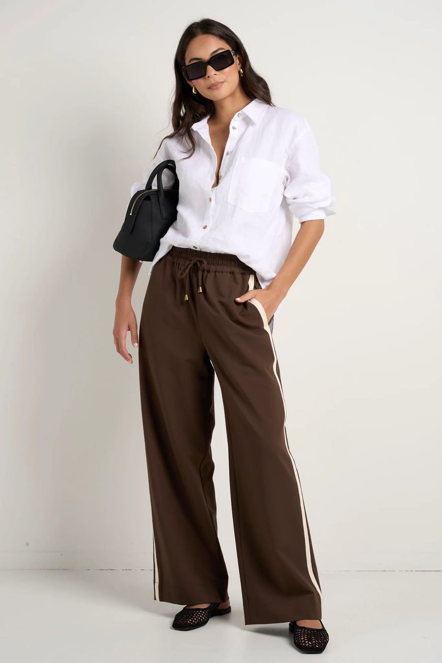 STORIES TO BE TOLD TOWNIE CHOCOLATE STRIPE SIDE TAPE WIDE LEG PANTS - WILDROSE