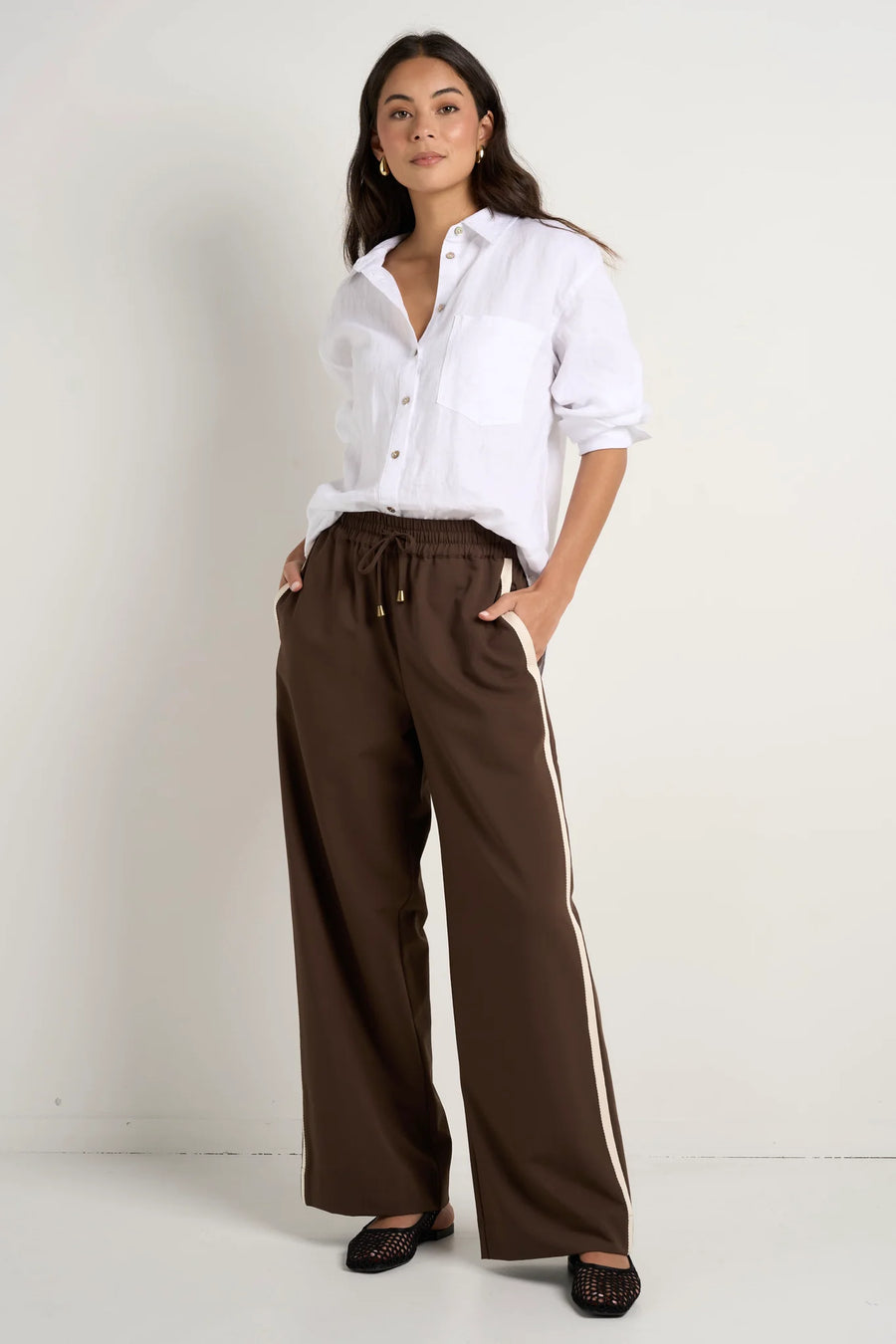 STORIES TO BE TOLD TOWNIE CHOCOLATE STRIPE SIDE TAPE WIDE LEG PANTS - WILDROSE