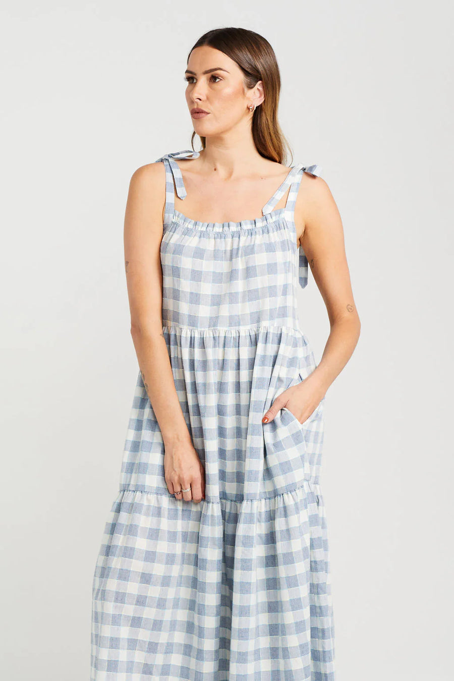 THING THING TIE UP ZIGGY DRESS - MARINE CHECK - WILDROSE