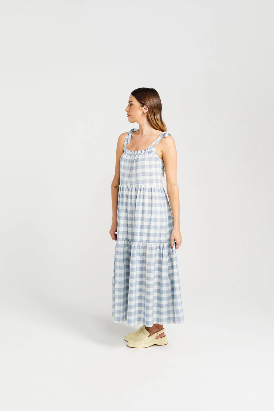 THING THING TIE UP ZIGGY DRESS - MARINE CHECK - WILDROSE