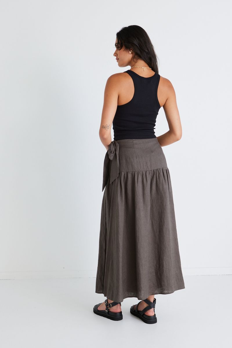 AMONG THE BRAVE IMPACT DARK OLIVE LINEN TIERED WRAP MAXI SKIRT - DARK OLIVE - WILDROSE