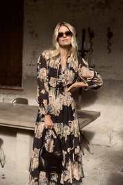 IVY + JACK ADDITION PEACH FLORAL LS SHIRRED WAIST TIERED MAXI DRESS - WILDROSE