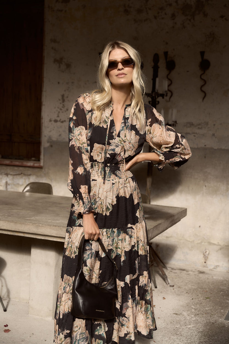 IVY + JACK ADDITION PEACH FLORAL LS SHIRRED WAIST TIERED MAXI DRESS - WILDROSE