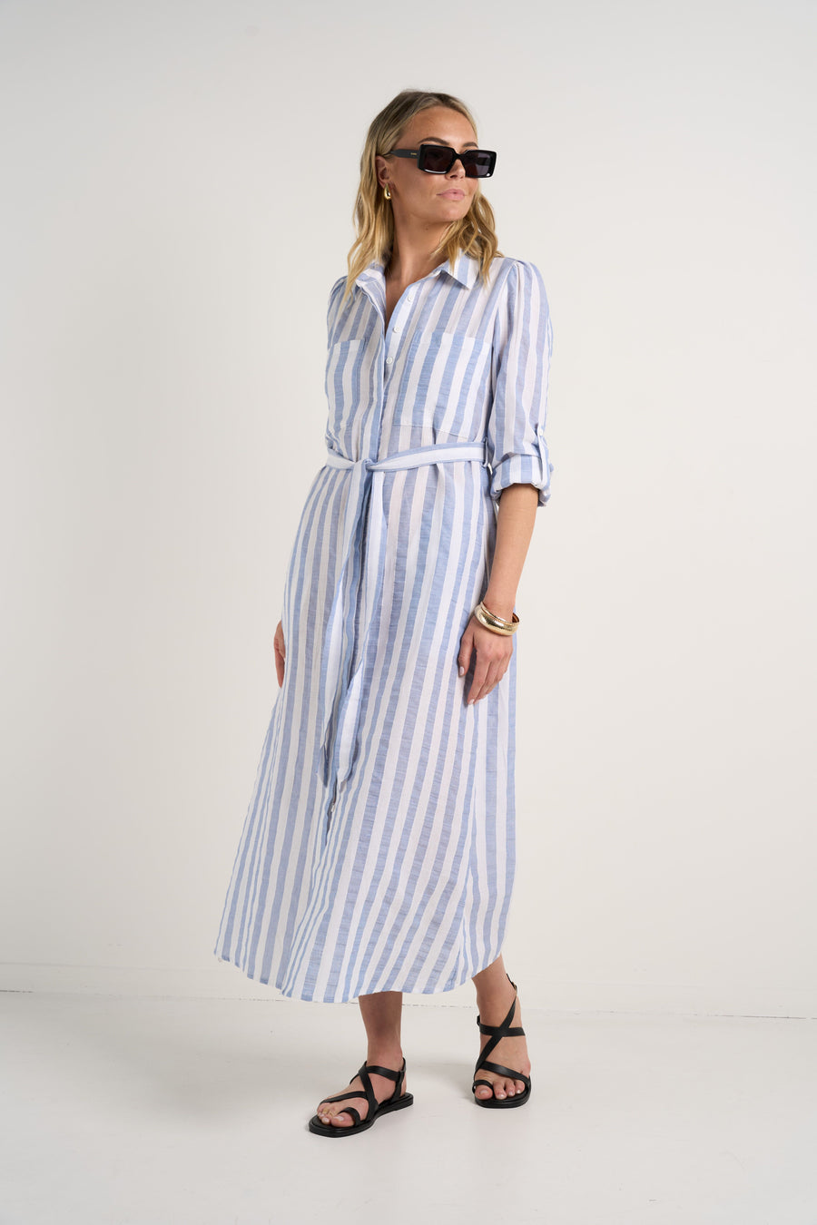 AMONG THE BRAVE CYPRUS BLUE STRIPE LS SHIRT MIDI DRESS - WILDROSE