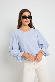 IVY + JACK IMAGINE BLUE STRIPE SHIRRED BACK LS TOP - WILDROSE