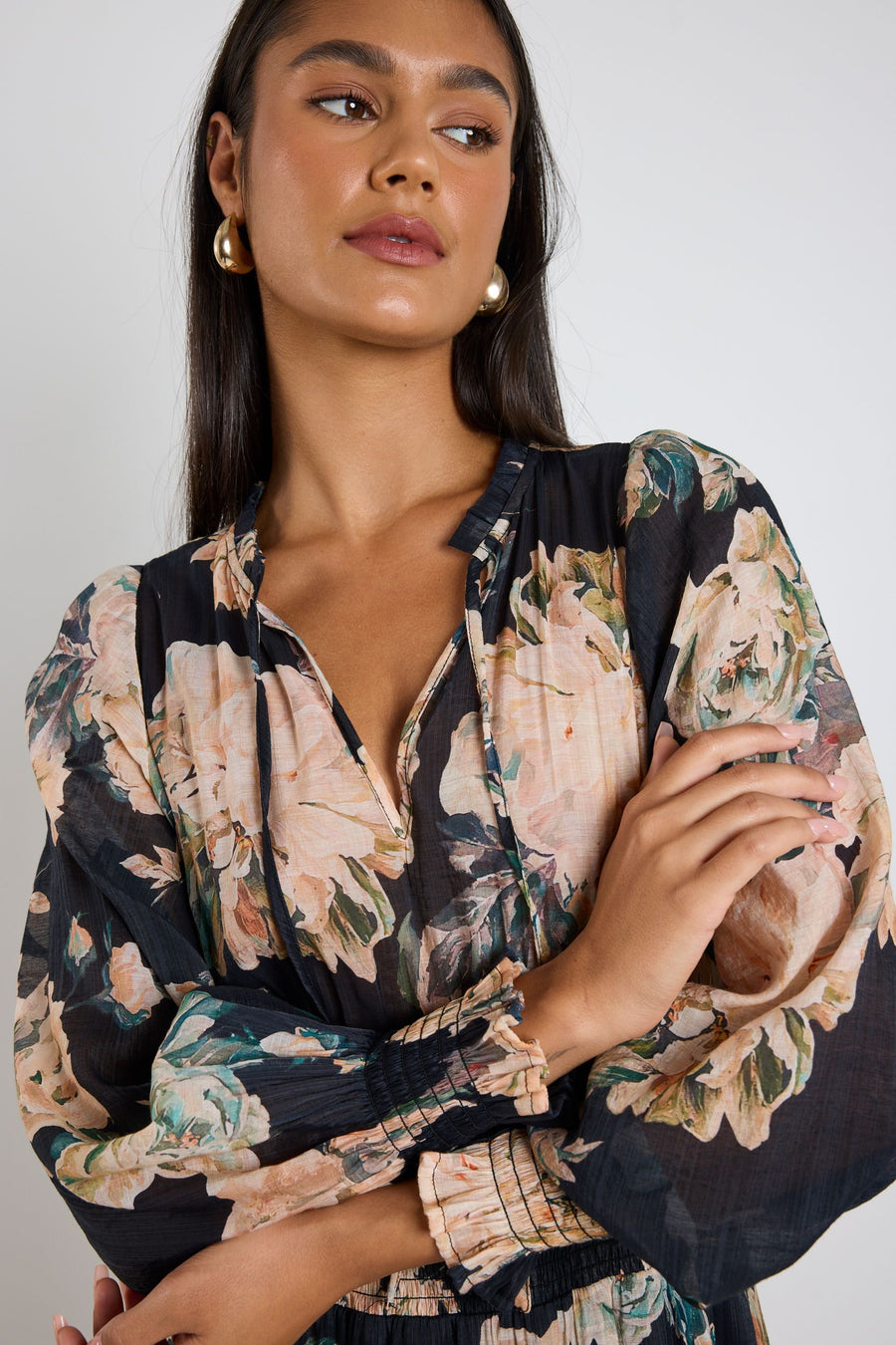 IVY + JACK ADDITION PEACH FLORAL LS SHIRRED WAIST TIERED MAXI DRESS - WILDROSE